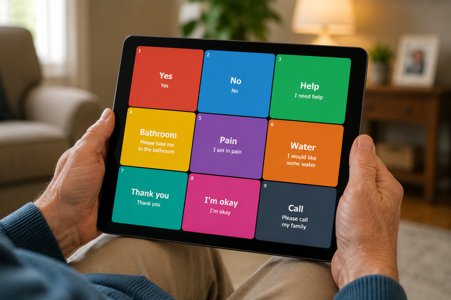 Marilyn Speaks communication board displayed on a tablet.