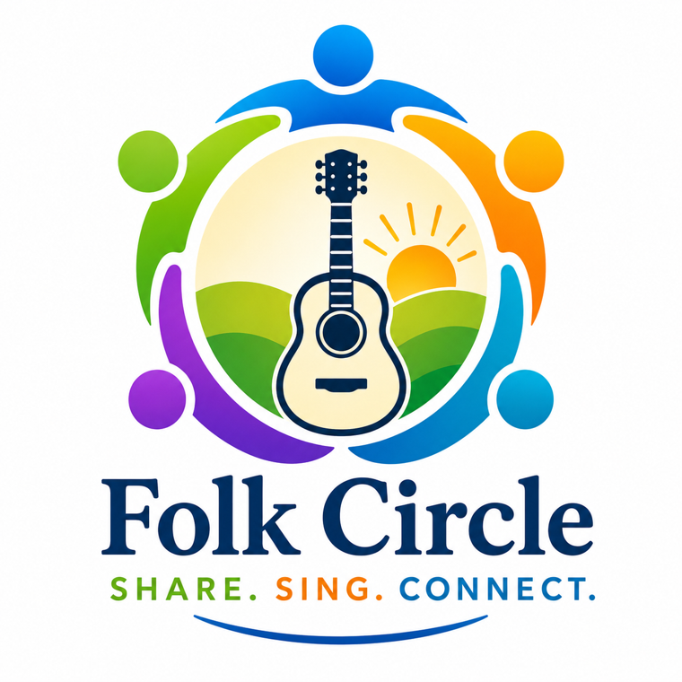 My Folk Circle logo: an acoustic guitar over green hills and a rising sun, ringed by six simply drawn figures in blue, green, orange and purple holding hands, above the words Folk Circle and the line Share. Sing. Connect.