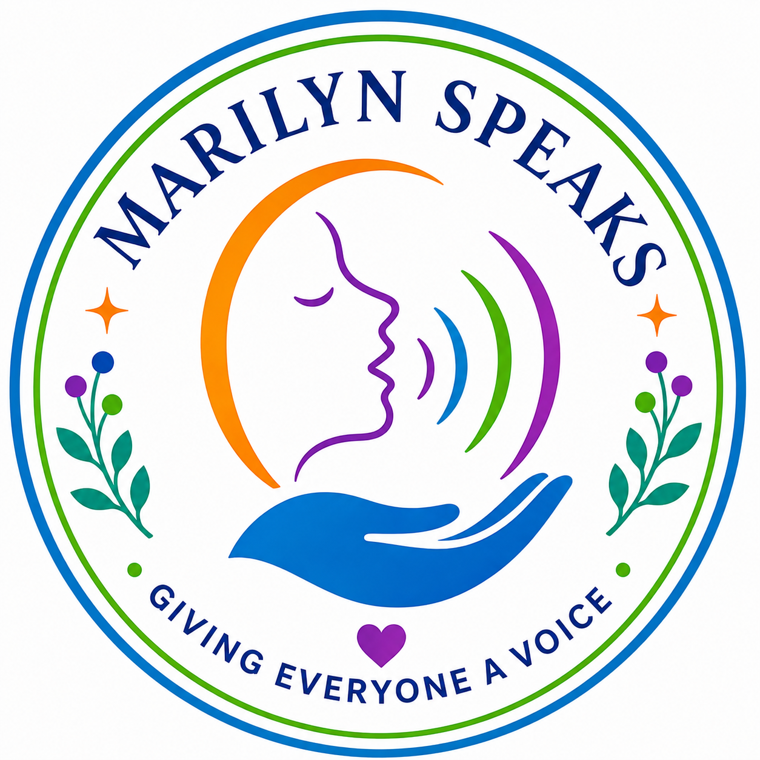 Marilyn Speaks logo: a person in profile speaking, sound waves rising from their mouth, cradled in an open blue hand and framed by leaves and stars, above the words Marilyn Speaks and the line Giving everyone a voice.