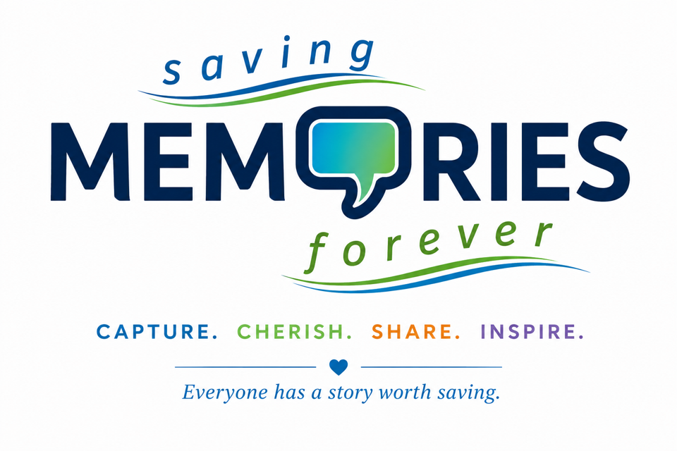 Saving Memories Forever logo: the word MEMORIES in large navy capitals, with a blue-and-green speech bubble standing in for the letter O, the word saving above it and forever below it in script, over the line Capture. Cherish. Share. Inspire. and the words Everyone has a story worth saving.
